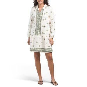 FRANCESCA BETTI Italy Linen Blend Three-quarter Sleeve Border Print Mini Dress